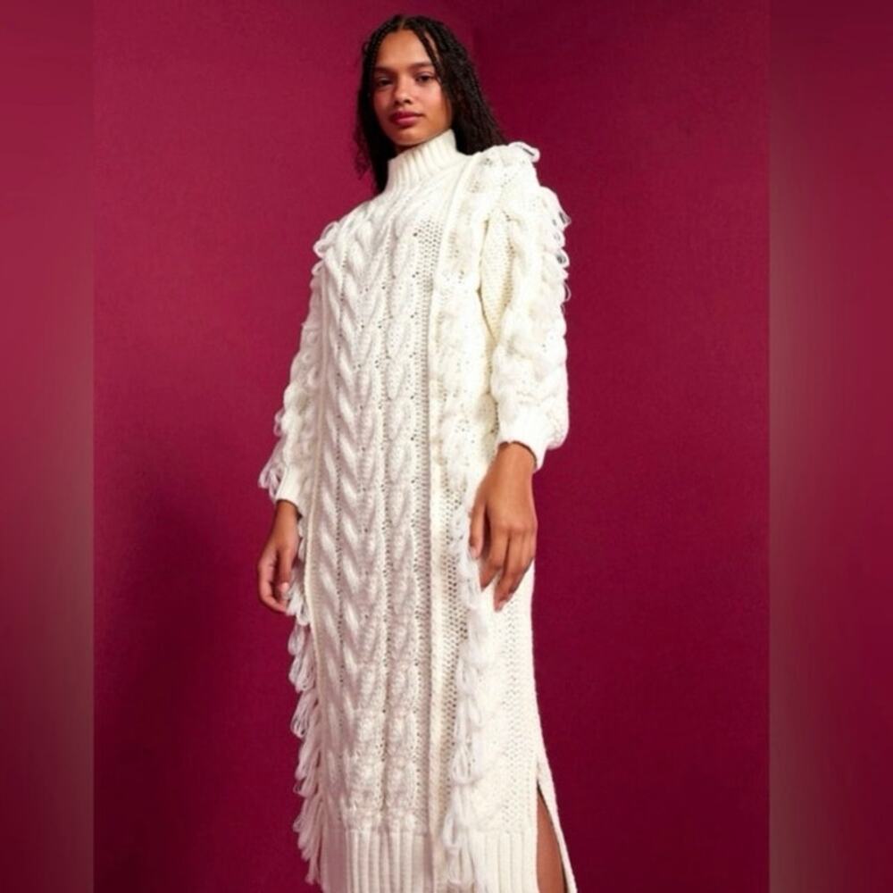 Farm Rio Bohemian White Chunky Knit Mock Neck Fringe Sweater Dress Midi Size XS